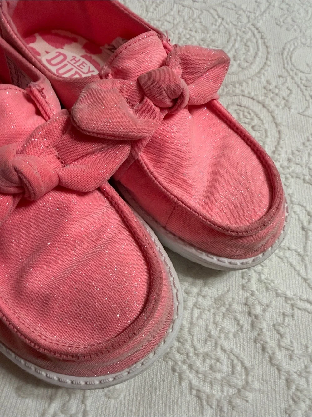 Hey Dude Girls Size 13C Stardust Pink Bow Slip-On Moccasins